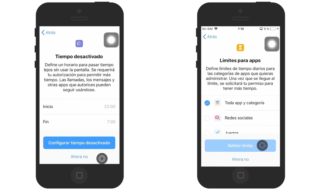 El control parental en un iPhone te permite seleccionar horarios de acceso y límites de uso de aplicaciones.